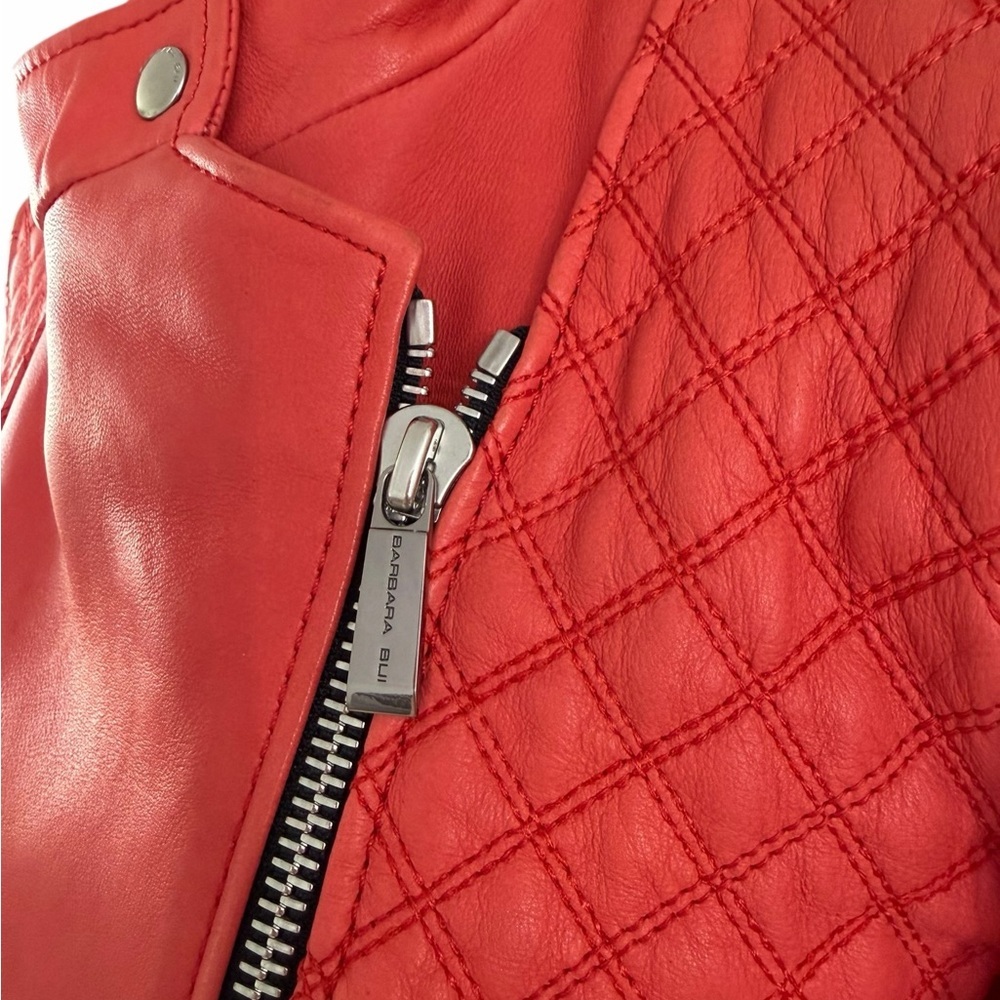 Barbara Bui RARE Coral Lambskin Leather Quilted Sleeves Moto Jacket - Picture 9 of 12